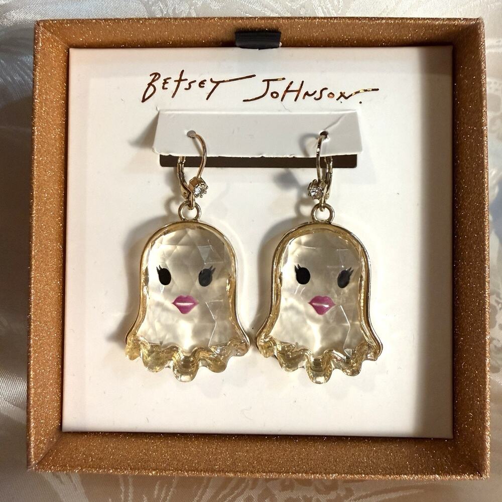 BETSEY Johnson Faceted Lucite Rhinestone Gold Tone Halloween Ghost Drop Earrings